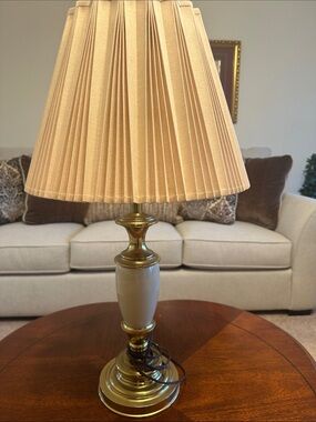 STIFFEL Brass and Cream Table Lamp with Beige Fabric Shade